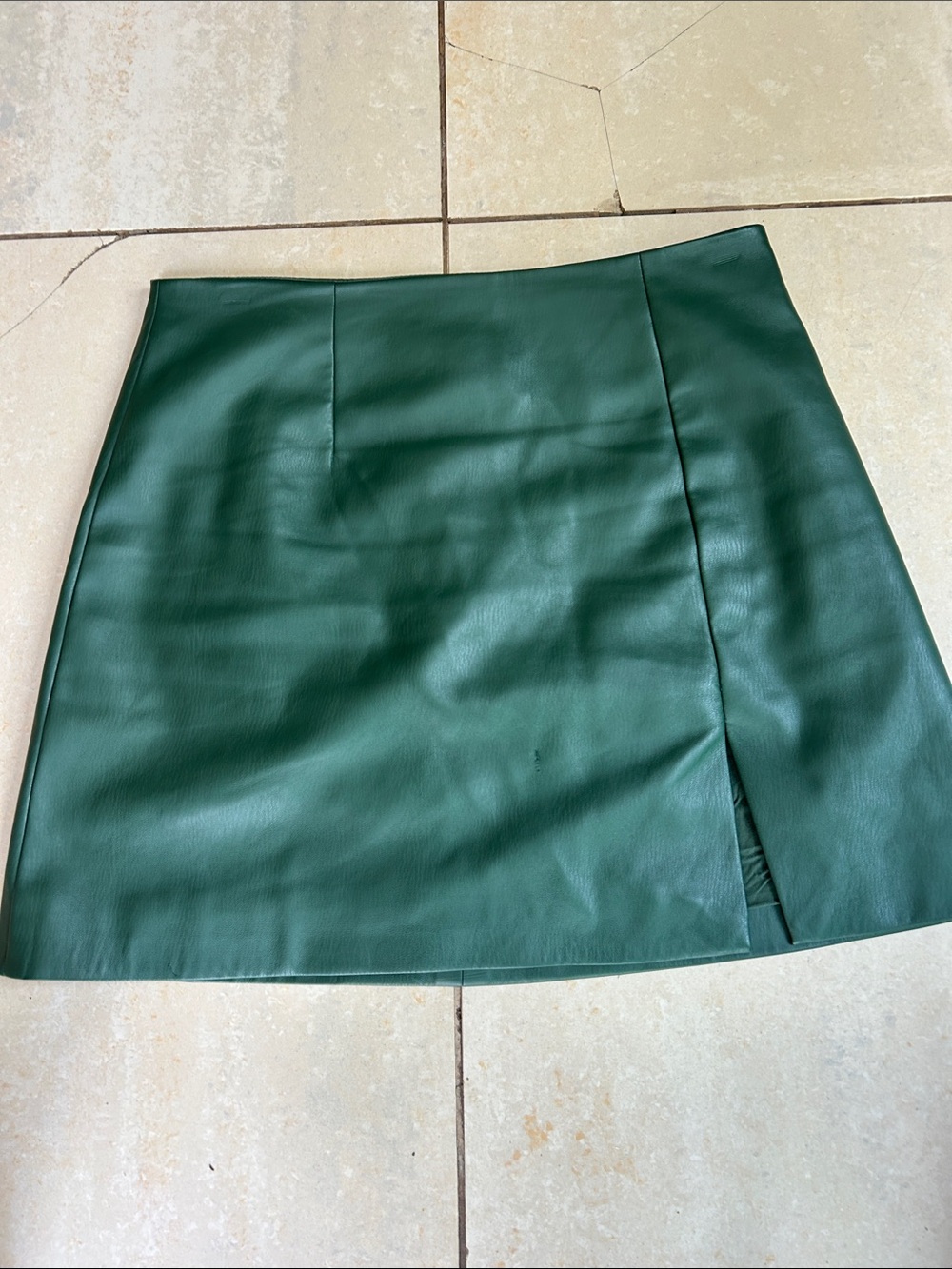 Maeve Dark Green Faux Leather Mini Skirt with Front Slit